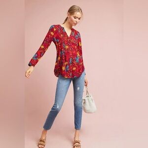 Anthropologie Maeve Floral Red Pintuck Blouse